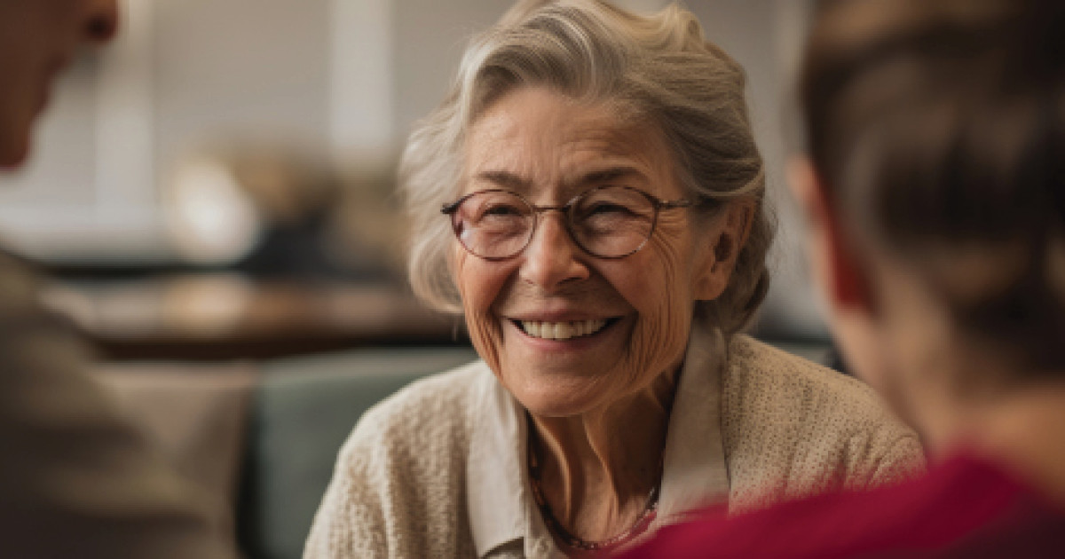 Smiling elderly woman with two other people out of focus facing her