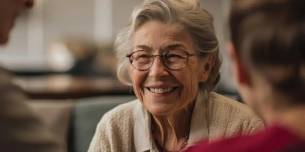 Smiling elderly woman with two other people out of focus facing her