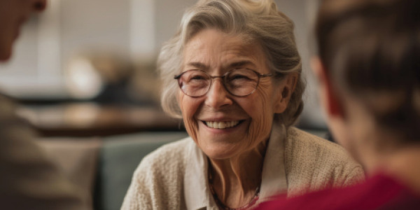 Smiling elderly woman with two other people out of focus facing her