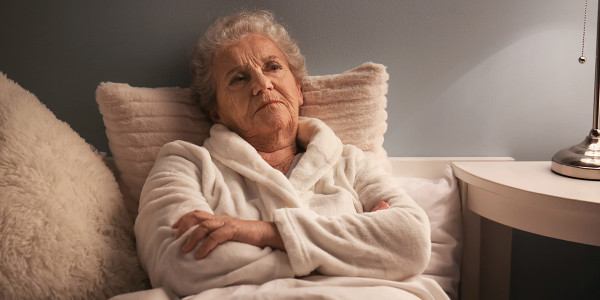 elderly woman wearing robe in bed with arms crossed and unhappy expression